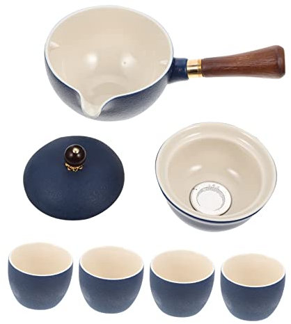 PRETYZOOM Ceramic Side Tea Pot Set with 4 Cups 360° Pour Porcelain Kungfu Tea Kettle for Household Use Blue Glossy Finish and Family Gathering