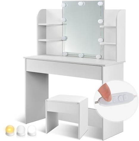 Juskys® Schminktisch Bella mit LED Beleuchtung & Hocker Melly - Spiegel, Schublade & Ablagefächer - Holz - Sitzhocker gepolstert, Kosmetiktisch Weiß