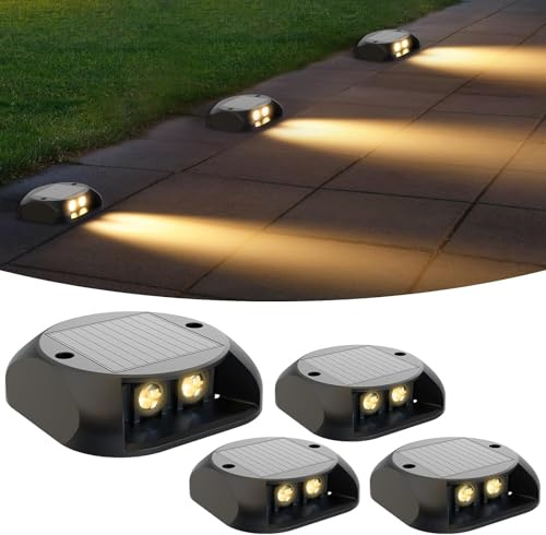 Quntis Solar Step Lights Outdoor Garden 4 Pack, Warm White Pathway Lighting IP65 Waterproof, Pressure Resistant 3 Tons Solar Ground Lights for Stair Garden Step Deck Patio Front Door