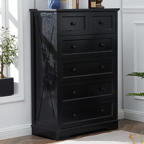 NONGSHIM Farmhouse 6 Drawer Dresser, Dressers Chest of Drawer for Bedroom Organizer Storage, 48 Inch Tall Dresser, Wood Dressers Storage Cabinet for Living Room, Entryway, Hallway, Kids Room, Black