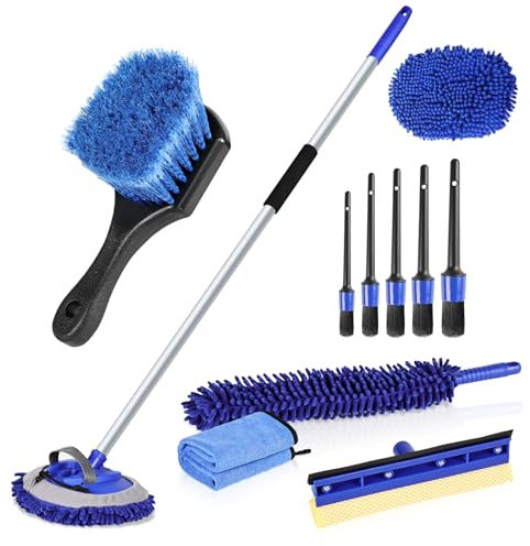 MAXVINI 63Car Wash Brush with Long Handle, 10PCS Car Cleaning Kit, Microfibre Mop with Mittens, Wheel Cleaning Brush, Window Squeegee, Car Detailing Brushes, Towels for Washing Cars Truck SUV RV