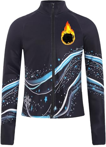 Miaeowve Chaqueta térmica para niños, ropa de patinaje sobre hielo para niñas, con strass, lentejuelas, sudadera con cremallera, manga larga, con rayas, estilo patchwork, sudadera deportiva, Azul D