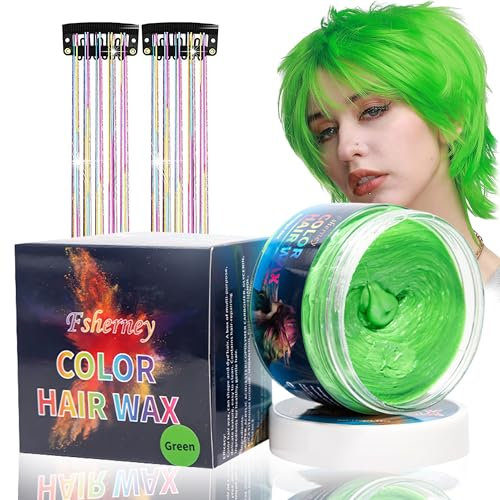 Temporäre Grün Haarfarbe - Haarfarbenwachs Styling Haartone für Männer Frauen, Natürliche Frisur Pomade, Haarfärbemittel Wachs mit Farbige Clip für Crazy Party Hair Color (4,23 Unzen, Green)