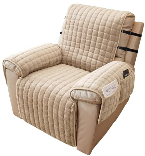 Alishomtll Velvet Recliner Chair Cover, Armchair Cover Armrest Cover 1 Seater, Washable Sofa Slipcover Non Slip Furniture Protector for Living Room, with 4 Pockets 2 Elastic Straps (53x190cm Beige)