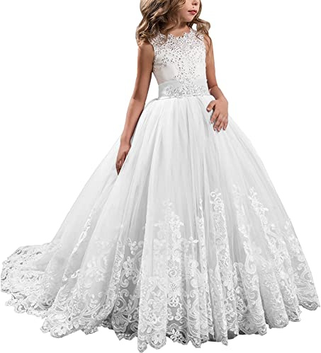 Aibaowedding prinsessa lång flicka festtåg klänningar barn blomsterflickor klänningar bal puffy tyll balklänning, Vit, 8-9 år