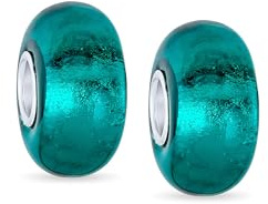 Bling Jewelry Satz von zwei durchscheinenden festen türkisblau-grünen Murano irisierenden Glas-Charms für Frauen für Teenager .925 Sterling Silber Kern passt europäisches Armband