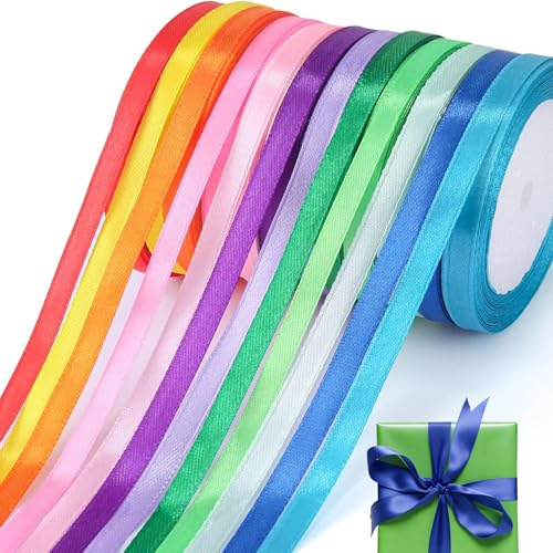 12 Farben Geschenkband, 22m x 10mm Polyester Schleifenband, Satinband, Dekoband Stoffband Set für Hochzeit Dekoration, Geschenk Verpacken, DIY Basteln