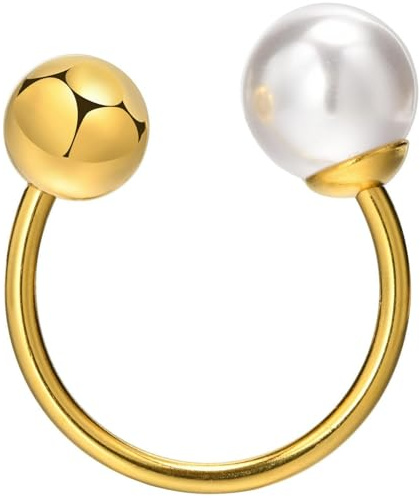 Jpltlvy Damen Perle Offener Ring Edelstahl 18K Gold Farbe Verstellbares Design Modeschmuck Geschenk für Ihr Jubiläum Alltag