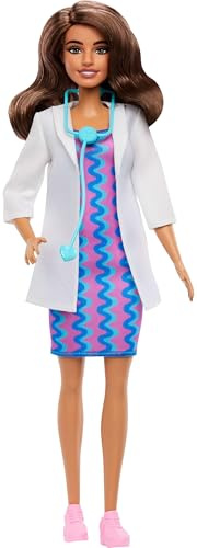 Barbie Karriere Ärztin-Modepuppe mit Abnehmbarer Kleidung, weißem Arztkittel, Kleid und Schuhen sowie Stethoskop, JKF76