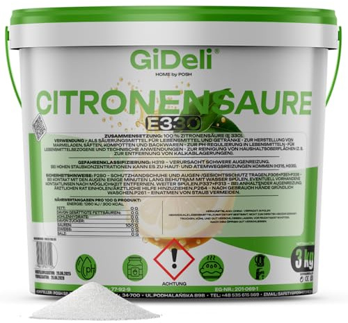 GiDeli Acide Citrique 3kg E330 Qualité Alimentaire - Poudre Blanche Pure pour Pâtisserie et Conserves - Détartrant Naturel Grand Format pour Lave-vaisselle, Lave-linge - Booste Votre Lessive