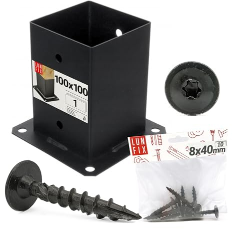 LUN FIX Pfostenträger 100x100 mm, Bodenhülse Schwarz + 10x Schrauben 8x40 | Aufschraubhülse Zum Aufschrauben, Pfostenschuh Und Pfostenanker Für Holzpfosten, Mit Ankerplatte Aus Verzinktem Stahl, 2 mm