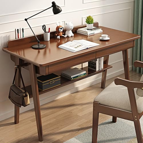 Bureau d'écriture moderne du milieu du siècle en bois massif avec 2 tiroirs pour bureau à domicile, bureau d'ordinateur, design peu encombrant avec étagère de rangement et crochets, finition noyer