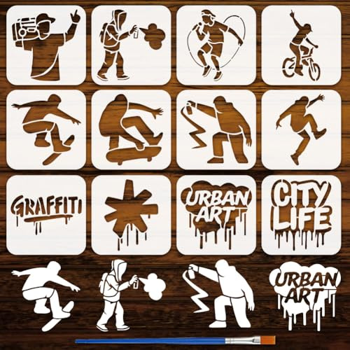 FINGERINSPIRE 12 Stück Straßen Graffiti Malschablone Mit Pinsel 15x15cm Menschen Silhouette Vorlage Fahrrad Lautsprecher Skateboard Wörter Schablone Graffiti Themenvorlage Zum Malen Auf Holz
