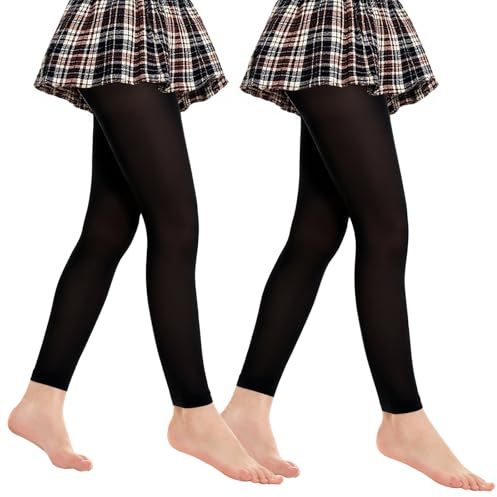 MANZI Footless Tights for Girls 2 Pairs Ultra Soft Semi Opaque Ballet Tights Dance Leggings Kids 4-14t (Balack,M)