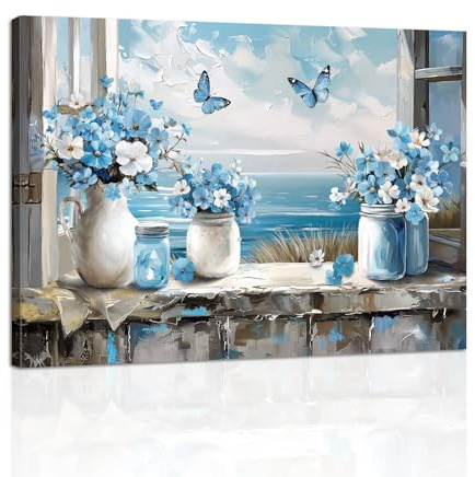 Blue Ocean Window View Canvas Wall Art Prints, Blue Flowers in The Vase Wall Pictures Butterfly Floral Relaxing Seascape Poster Painting on Canvas Home Decor for Bedroom Living Room Office 30×40cm