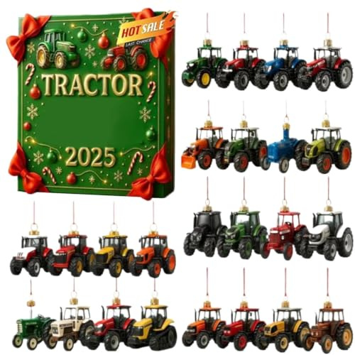 Traktor Adventskalender 2025, Traktor Ornament Adventskalender | Weihnachts Countdown Kalender Mit 24 2D Acryl Dekorationen Kreativ Weihnachtsschmuck Für Familien, Freundes, Kinder