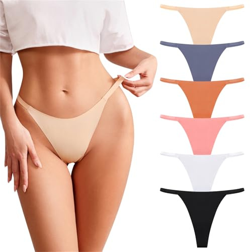 Risipu 6 Pack Seamless G-String Thongs for Women Breathable Underwear Low Rise T-back Panties Comfortable Stretch Sexy (UK, Alpha, S, Regular, Regular, Multicolor)
