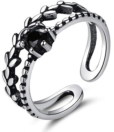 TABOJS Verstellbarer Ring für Damen, Vintage-Silber, Doppelblatt, eingelegt, schwarzer Zirkonia, modisch, verstellbar, offener Knöchel-Schwanzring, Fingergelenk, Zehenring, Schmuck für Frauen,