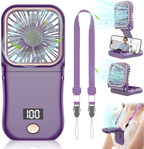 Kouric Ventilatore Portatile Pieghevole con Supporto Telefono e Cordino, Mini Tascabile 4000mAh Display LED, 3 Velocità Autonomia 8 Ore USB-C, Mani Libere per Videochiamate e Tutorial