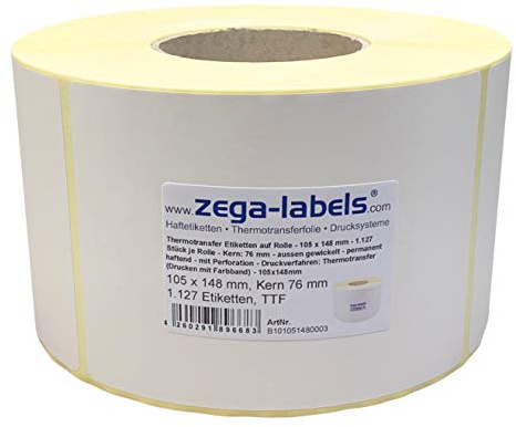 Thermotransfer Etiketten auf Rolle - 105 x 148 mm - 1.127 Stück je Rolle - Kern: 76 mm - aussen gewickelt - permanent haftend - mit Perforation - Druckverfahren: Thermotransfer (Drucken mit Farbband)