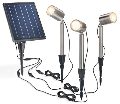 Esotec Solarstrahler 3 Spots Power Trio Duo Color, Edelstahl 102705 | Solarstrahler 3er Set, Duo Color 3000K/6000K, 150lm, 5Wp Solarmodul, Li-Ion Akku wechselbar, IP54, Edelstahl Gartenstrahler
