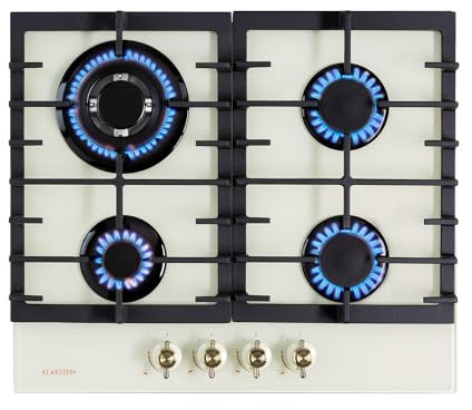Klarstein Victoria - Gaskochfeld Gasherd, Einbau, Sabaf-Brenner, Erdgas/Propangas, Sicherheitsventile, automatische Abschaltung, Topfträger aus Gusseisen, Glaskeramik Retro-Look, 4-flammig, Elfenbein