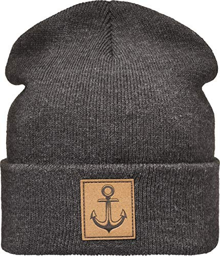 Baddery Strickmütze: Anker mit Leder Patch - Wollmütze Winter-Mütze - Seemann - Herren Damen Jungen Mädchen Kinder - Angler Kapitän Mütze - Streetwear Urban Geschenk (One Size Charcoal)