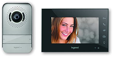 LEGRAND, Wi-Fi Video-Türsprechanlagen-Set mit 2-Draht-Anschluss, 7-Zoll-Hochglanz-Farbmonitor und Weitwinkelkamera, 1-/2-Familienhaus-Set, Farbe: Schwarz, 369430
