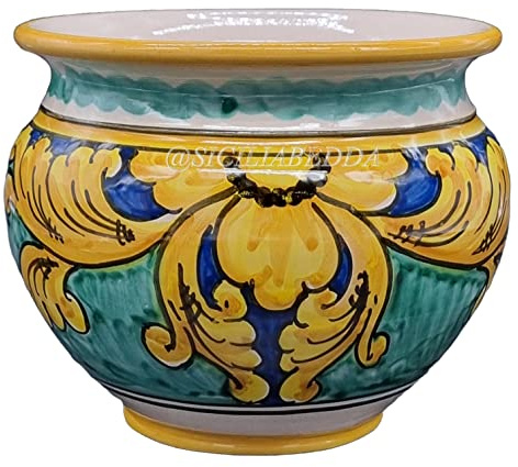 Sicilia Bedda - VASO IN CERAMICA SICILIANA - Prodotto Artigianale di Alta Qualità - Altezza 14 CM Diametro 15 Cm (Maioliche Tradizionali)