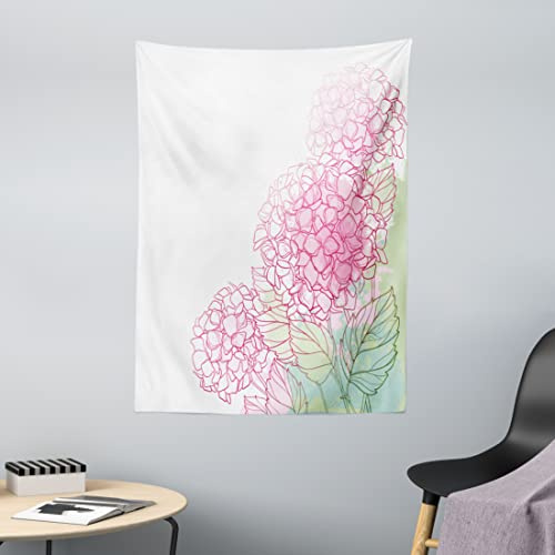 ABAKUHAUS Hortensia Tapisserie, Grunge Peindre des Fleurs Art, Lavable sans décoloration des Couleurs, 110 x 150 cm, Vert pâle Rose