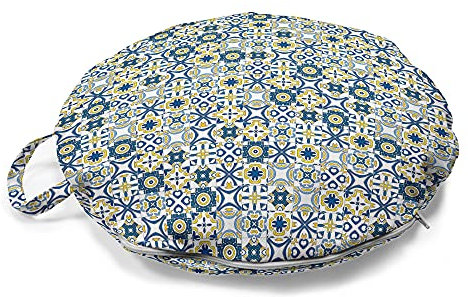 ABAKUHAUS Ethnisch Rundes Bodenkissen mit Griff, traditionelle marokkanische, dekoratives Kissen für Wohnzimmer & Schlafsäle, 45 cm, Blau, Gelb, Weiß