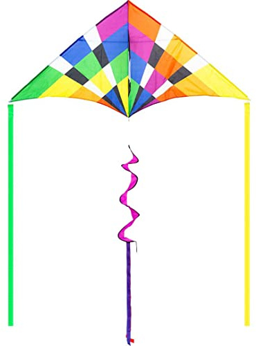 HQ Design - Delta XL ab 2m Flugdrachen Einleiner für Kinder und Erwachsene Drachen zum steigen Lassen wenig Wind ab 10 Jahre, mit oder ohne Polyesterschnur, ab 1 Bft. (Rainbow Checker 2m)