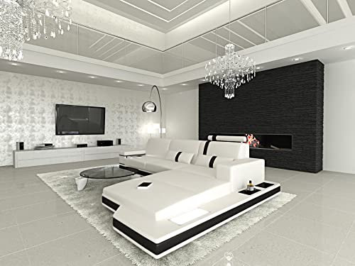 Ledersofa Messana L Form Sofa - mit LED Beleuchtung, verstellbare Kopfstützen, Recamiere/Lederfarben wählbar/Ausrichtung Ottomane wählbar (Ottomane rechts, Weiß-Schwarz)