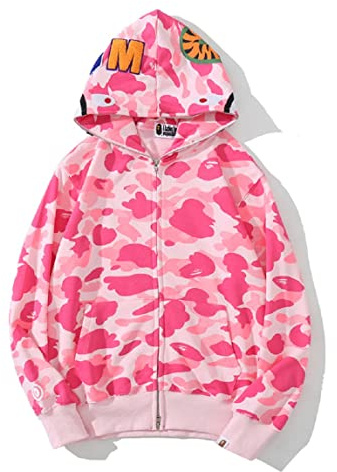 Yumenam Herrhoodie haj huvud kamouflage 3D-tryckt hel dragkedja jacka sweatshirt kamouflage vardaglig streetwear ytterkläder för män tonåringar, Rosa, XL