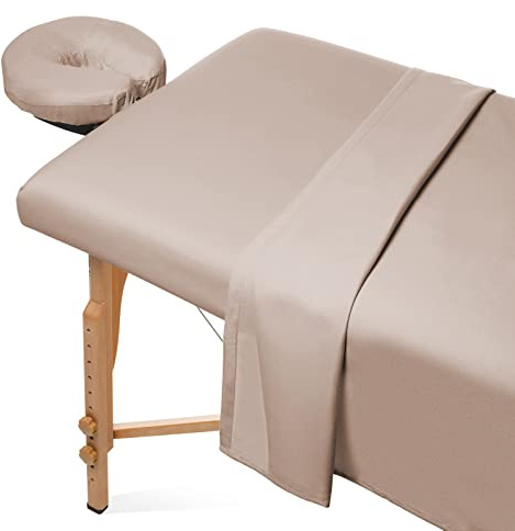 saloniture 3-delat mikrofibermassagebordsöverdrag – premium ansiktssängöverdrag – inkluderar platta och monterade lakan med ansiktsskydd – sandbrunt