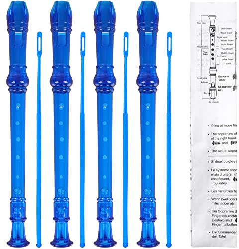 SANNIX 4 Pack Recorder Instrument for Kids, 8 Hole Plastic Soprano Recorders for Beginner, Recorder With Cleaning Rod, Instruction and Storage Bag, German Style (Clear Blue)