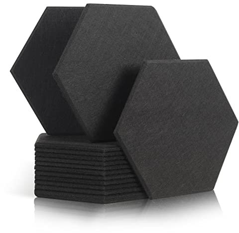 Rdutuok 12 paneles de aislamiento acústico, con absorción de sonido, 30 x 26 x 1 cm, con dibujo de hexágonos, para paredes de estudio de sonido, oficinas, estudios y decoración de pared (negro)