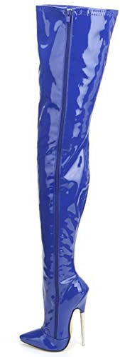 Omeslike Oberschenkelhohe Damenstiefel, 18 cm Stiletto-Pole-Dance-High Heels, spitzer Zehenreißverschluss, Lange Schaftstiefel, sexy exotische Stripper-Performerschuhe,Blau,41