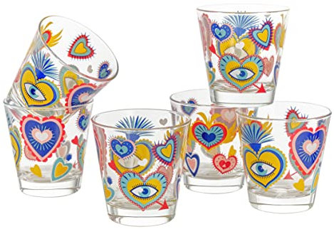 Baroni Home Set 6 verres à Eau avec Décoration Imprimée Colorée, Verres Colorés MADE IN ITALY, Verres Lavables au Lave-Vaisselle, 25 CL, Fantaisie Ex Voto