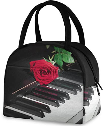 YINGD Lunchtasche Flügel Klavier rote Rose große Kapazität Reißverschluss Lunchtasche Isolierte Lunchtasche für Männer Frauen