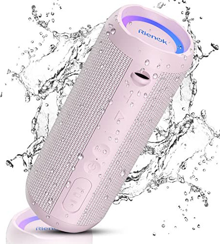 RIENOK Cassa Bluetooth Potente Portatile IPX7 Impermeabile Speaker Bluetooth, Bassi Potenti, Vero Stereo Senza Fili, Bluetooth 5.3, Luce LED, AUX & Micro SD, Ricaricabile Tipo-C, Rosa