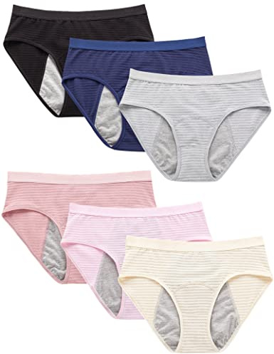 Kiench Damen Perioden Unterwäsche Baumwolle Menstruation Slip 6er-Pack Rosa & Pink & Gelb & Blau & Grau & Schwarz EU Größe 34-36 / XS/Teenager Mädchen 10-12 Jahre/EU 152