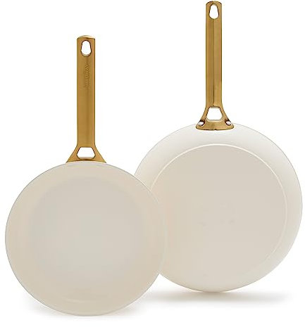 GreenPan Hard Anodized Healthy Ceramic Nonstick 10 and 12 Frying Pan Skillet Set, Gold Handle, PFAS-Free, Dishwasher Safe, Oven Safe, Cream White