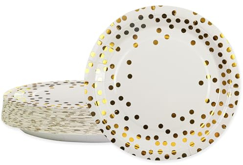 BOKFJBP 50 Stück Pappteller Weiß Gold, 18cm Pappteller Einwegpartyteller Geschirr Teller zum Abschlussfeier Happy Birthday Jubiläums Valentinstag (white, 18cm)