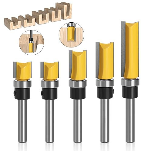 Infreecs 5 Stück Bündigfräser Kugellager Oben, 6,35 mm Schaft Bündigfräser, Ø 12,7 mm Kanten Kopierfräser mit Kugellager, Nutfräser Bündigfräser Set, Fräser Schneiden Nutfräsen für Holz
