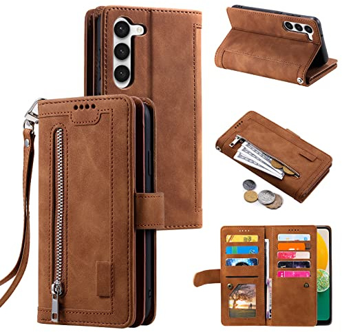 EYZUTAK Handyhülle für Samsung Galaxy S23 Plus,Flip Case Lederhülle Reißverschluss Magnetverschluss Brieftasche mit 9 Kartenfächern Standfuntion Retro Matt Ledertasche-Braun