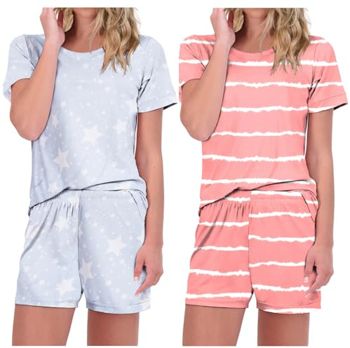 Ekouaer 2 Pack Pajamas Short Sleeve Top with Shorts Sets Comfy Pjs Lounge Sets Sleepwear for Women Pink Striped/Star Large