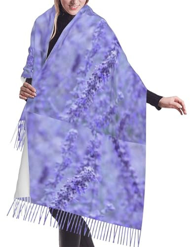 GRatka Schal, lila, lavendelfarbener Blumendruck, Unisex-Schal mit Fransen, großer, warmer, weicher Kaschmir-Schal, Wickeltücher, 196 x 68 cm