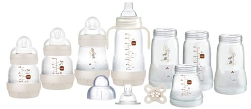 MAM Easy Start Anti-Colic Bottle Starter Set | Includes 4X Feeding Bottles and MAM Original Start 0-2 Month Soother | Self-Sterilising | Baby Gift Set of Newborn Essentials | White (Various Designs)