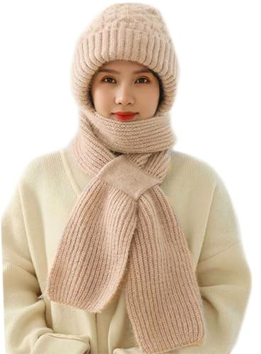 Kidmis Integrated Ear Protection Windproof Cap Scarf, Verdickte Integrierter Gehörschutz Winddichte Mütze Schal, Warme 2 in 1 Maskenschal Strickmütze, Winter Kapuzenschal für Frauen (Beige)